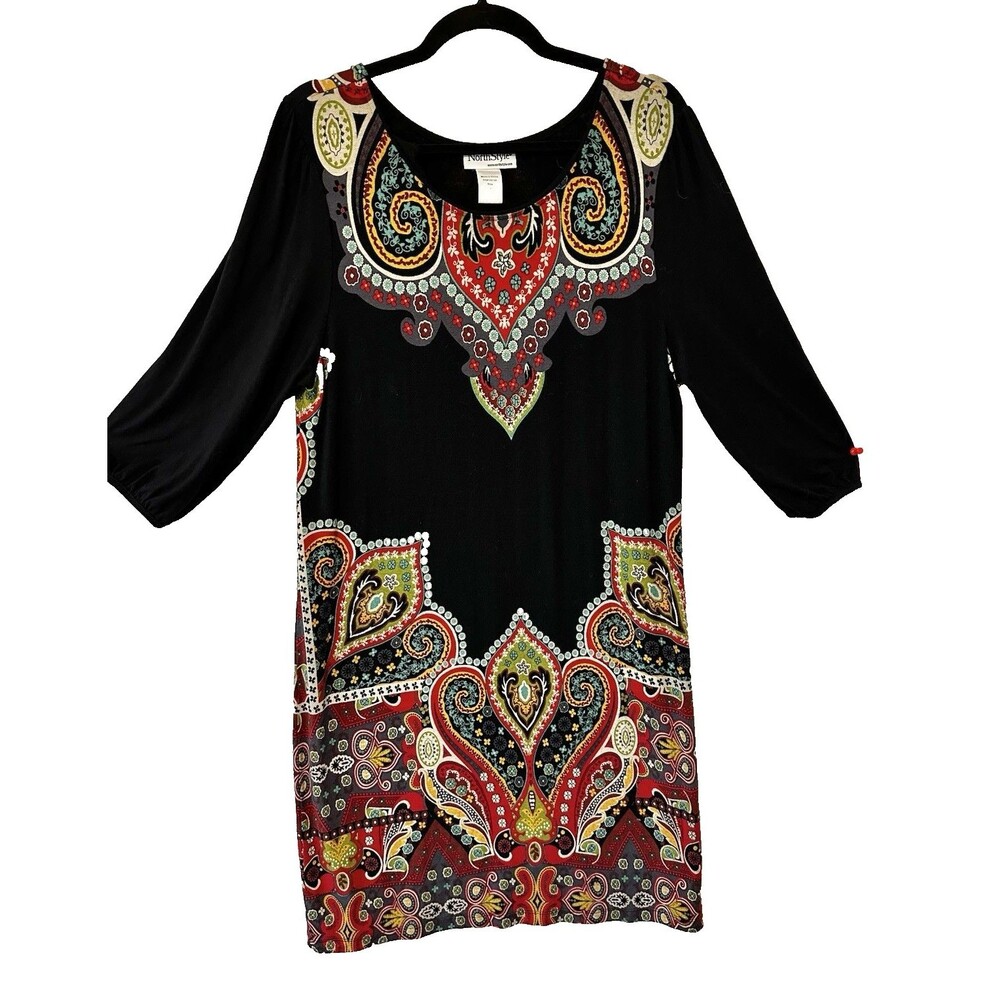 North Stye Women's Large Pet Black Brown Paisley Boho Knee Length Shift Dress